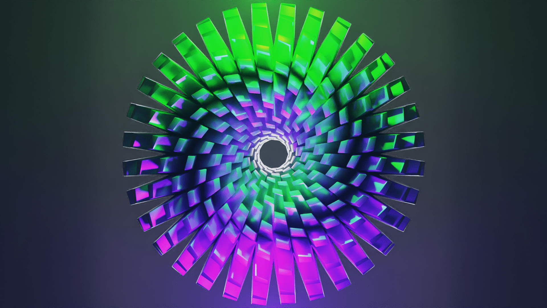 a green and purple lighting of the spiral object